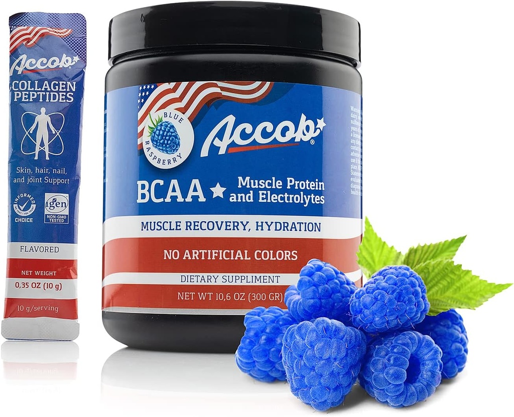 BCAA milteliai Blue Raspberry-Pre arba Post Workout, Raumenų atkūrimo gerti su amino rūgščių + elektrolitų, 7,2g BCCA vyrams ir Women-30 Servings + 10g Collagen Peptides