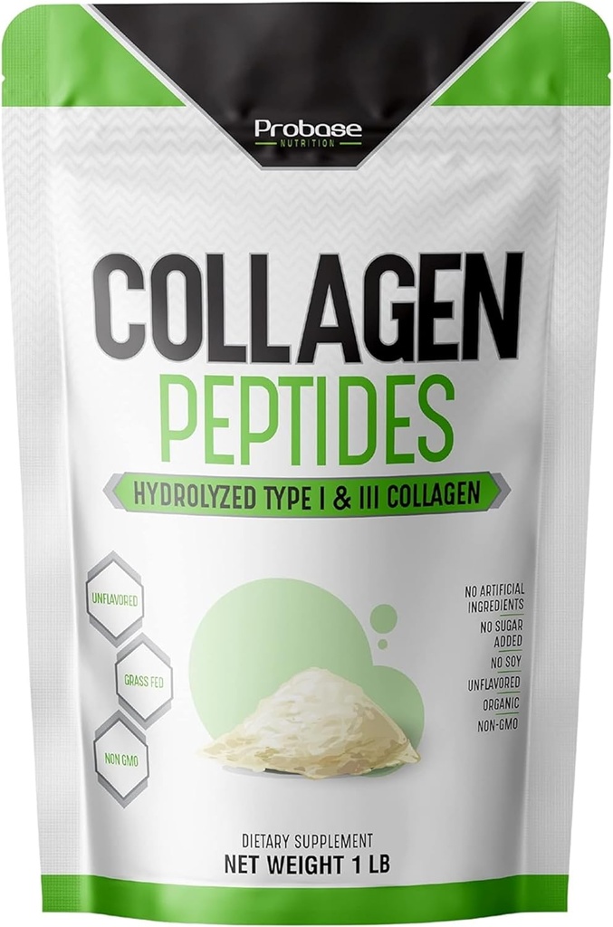Probase Nutrition Collagen Peptides milteliai (Type I, III) odos plaukų nagų sąnarys, hidrolizuotas geriau kolagenas Absorbcija, Ne GMO Išgrynintas, Keto Friendly ir Gluten Free, Balta, 16 Oz