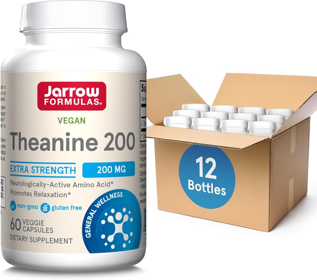 Jarrow Formulas Extra Strength Theanine 200 mg, Dietary Supplement That Promotes Relaxation, Amino Acid Supplement for Relaxation Support, 60 Veggie Capsules, 60 Day Supply, Pack of 12
