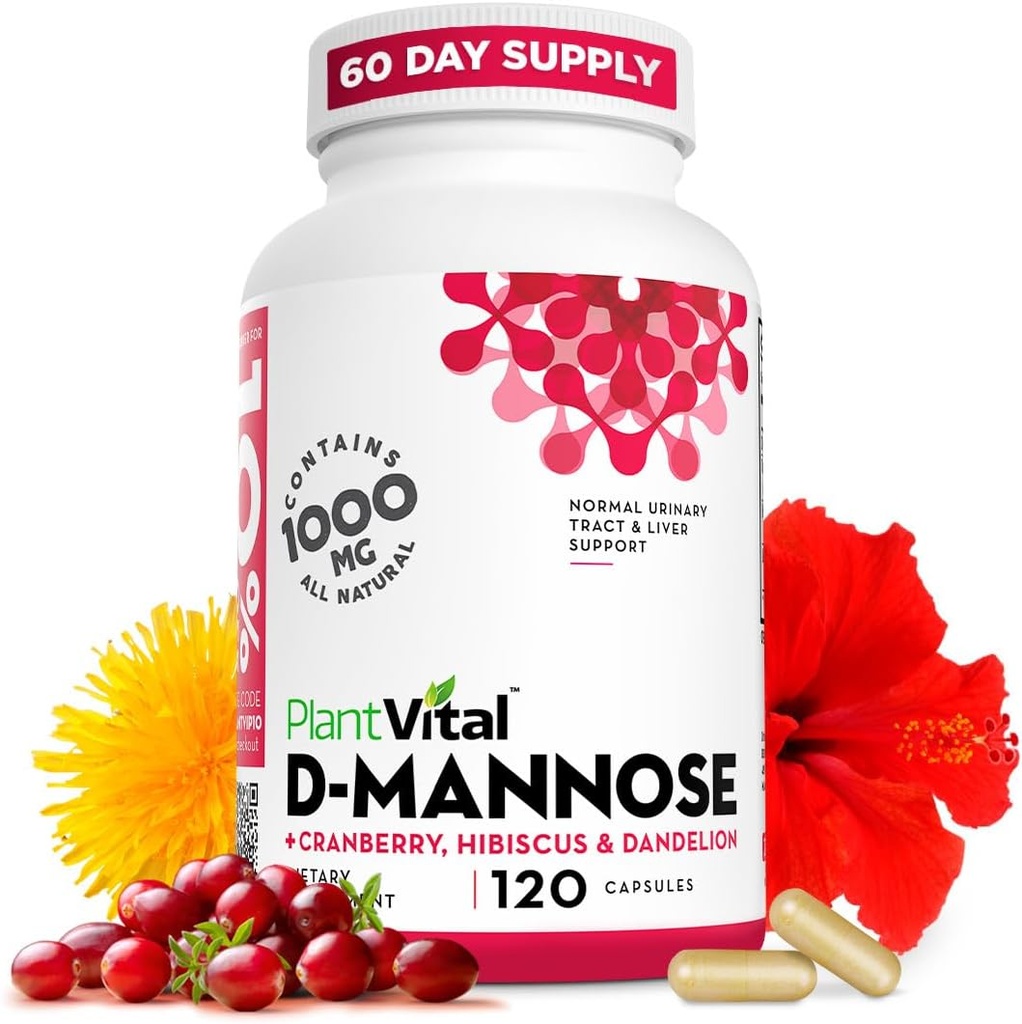 Plantvital D Manozės kapsulės su spanguolių - D-manozės 1000mg kapsulės - Aukštos stiprumo šlapimo pūslės, inkstų ir šlapimo traktas parama. Spanguolių milteliai su Hibiscus ir Dandelion. 2 mėnesių tiekimas