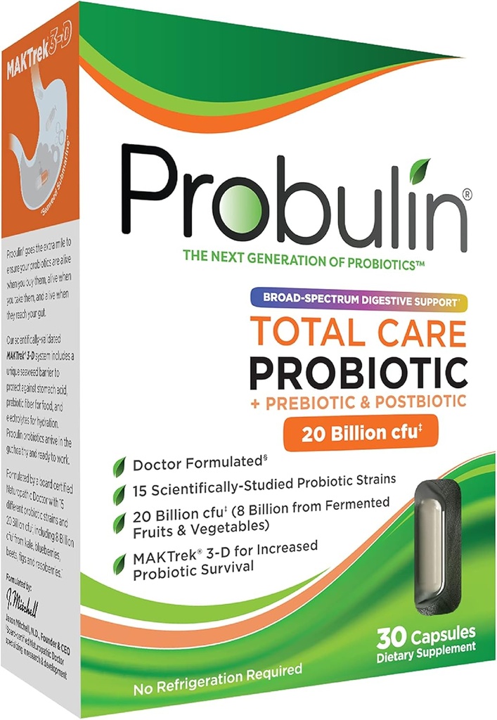 Probulin Total Care Probiotic Addition, Daily Gut, Digestive, and Immune Health Probiotics Capsules for Men and Women, 20 Billion KSV, Vegan, 30 Count Box