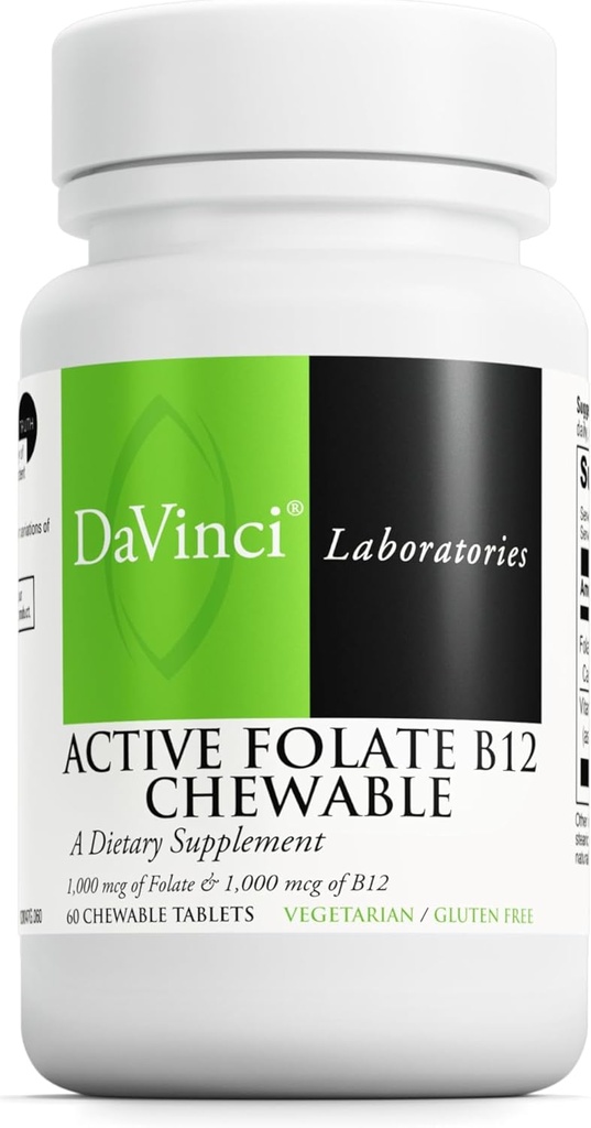 DAVINCI LabS Active Folate B12 Chewable - mitybos priedas, skirtas remti širdies sveikatą, sveikus nervus, imuninę funkciją ir energijos gamybą * - su folate ir vitaminas B12- 60 Chewable tablečių