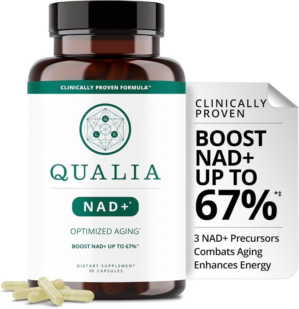Qualia NAD priedas - Kliniškai pagrįstas iki 67%. Optimizuotas senėjimas, energija, fokusas. Elite NAD + Reoster Ingredientai Nicotinamide Riboside (NIAGEN), Niacinas, Niacinamidas (1 mėnesio tiekimas)