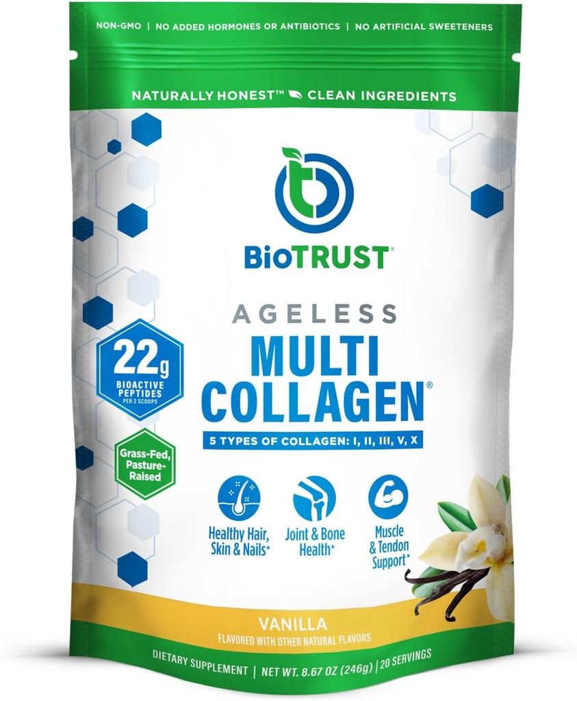 BioTrust Ageless Multi Collagen Peptides Powder - 5 Tipai (I, II, III, V, X) - Vanilla Collagen Powder for Women & Men - Hidrolizuotas baltymas - Žolės Fed Jautiena, Žuvys, Vištienos, Eggshell Membrane
