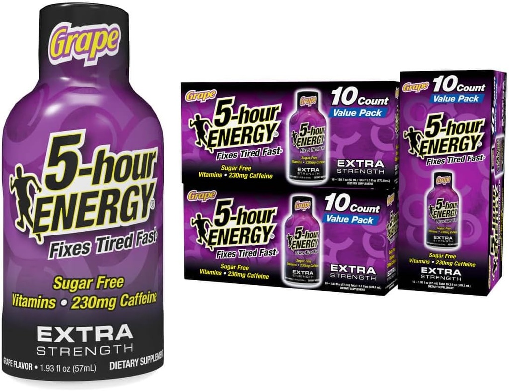 5 valandų ENERGY Extra stiprumo energijos Shot, Vynuogių skonio, 30 Count, 1.93 oz., Zero Kalorijų & Sugare Nemokama 230 mg Kofeino energijos Shot, Amino rūgštys & B vitaminai, Dietos papildai