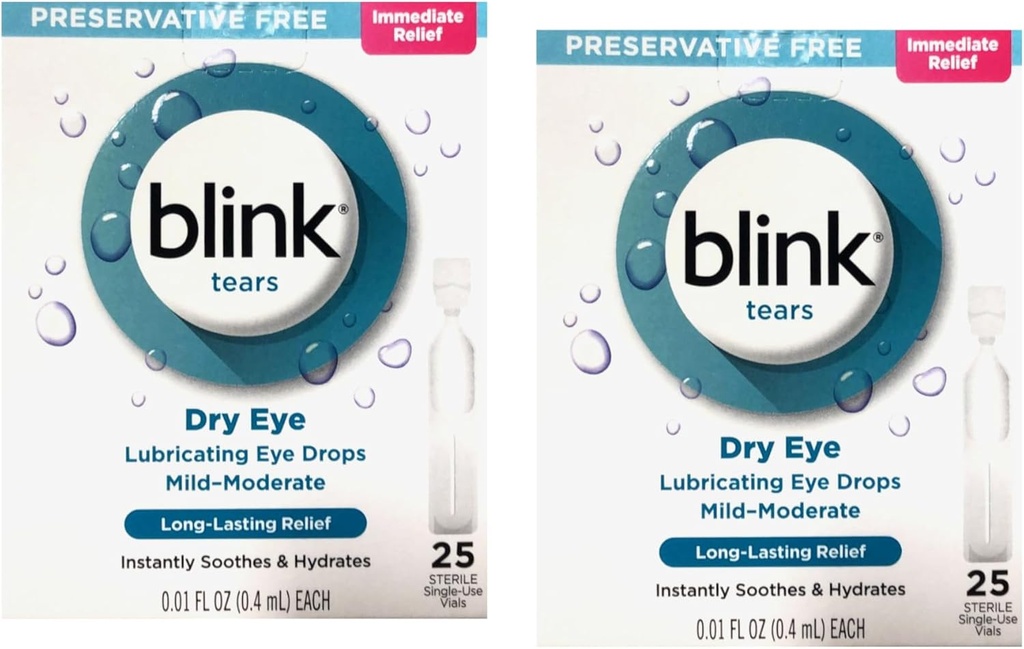 Blink Tears Konservantas Nemokamas tepimo akių lašai 25 ct 0,01 fl oz EA (0,4 ml EA) (pakuotė 2)