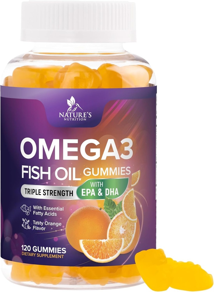 Omega-3 Gummies, Žuvies aliejus Gummies suaugusiems ir vaikams, Omega-3 Gummy Vitaminai, EPA & DHA žuvų taukų rūgštys Gummy papildas, Gamtos papildai bendras, širdies sveikata, & smegenų parama - 120 Count