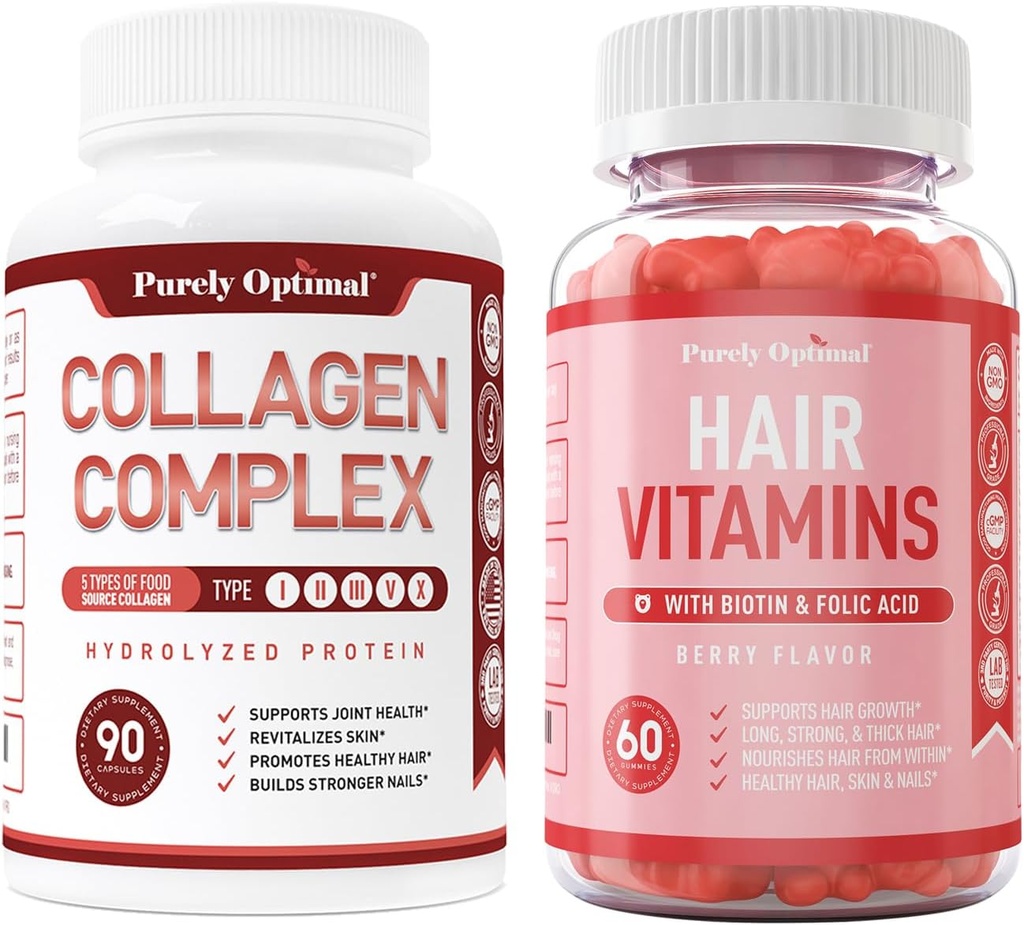 Tik optimalus Premium Multi Collagen Peptides Capsules (I, II, III, V, X tipai) + Premium Plaukų vitaminai papildai Gummy vitaminai w / biotinas, folio rūgštis, vitaminai A & D