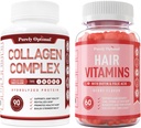 Tik optimalus Premium Multi Collagen Peptides Capsules (I, II, III, V, X tipai) + Premium Plaukų vitaminai papildai Gummy vitaminai w / biotinas, folio rūgštis, vitaminai A & D