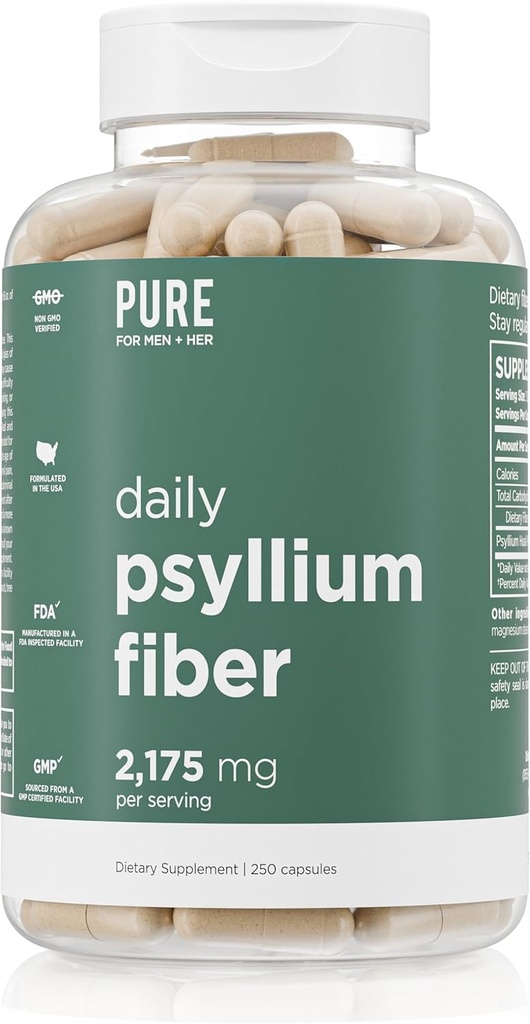 Grynas vyrams Daily Psyllium Husk pluošto papildas Grynas už savo maždaug 124; Digital Reguliarity & Gut Health Support ® 124; Tirpus pluoštas milteliai, 2,175mg per Tarnavimo ® 124; 250 kapsulės