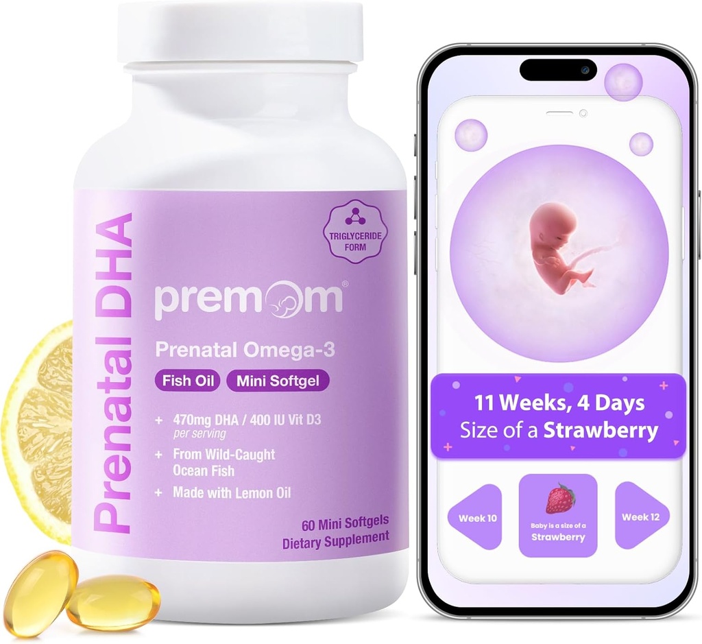 Premom Prenatal DHA žuvų aliejus: Trigliceride Omega 3 su 470mg DHA, 200mg EPA + 400 IU VIT D3 Priedas - Vaisingumo parama moterims - Pasaulinis Sourced iš laukinių Caught žuvų