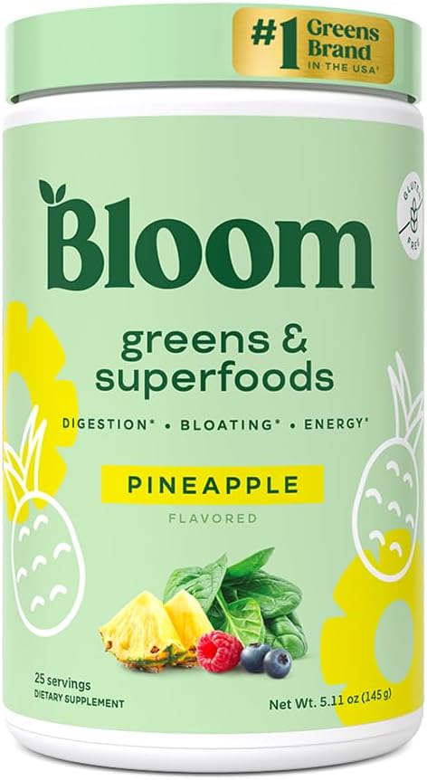 Bloom Nutrition Superfood Green Mill, Digital Enzymes with Probiotics and Prebiotics, Gut Health, Bloating Relief for Women, Chlorella, Green Juice Mix with Beet root pudra, 25 SVG, Pineapple
