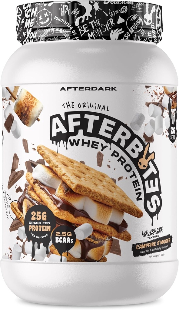 AFTERDARK AfterBites Išrūgų baltymų milteliai, 25g proteinas, 4,5g BCAA 's, Lengvas tirpinimas, Nr Dirbtiniai dažikliai ar piltuvai, Izoliuotas baltymas, JAV Pagaminta, 26 Paslaugos, Campfire Smores