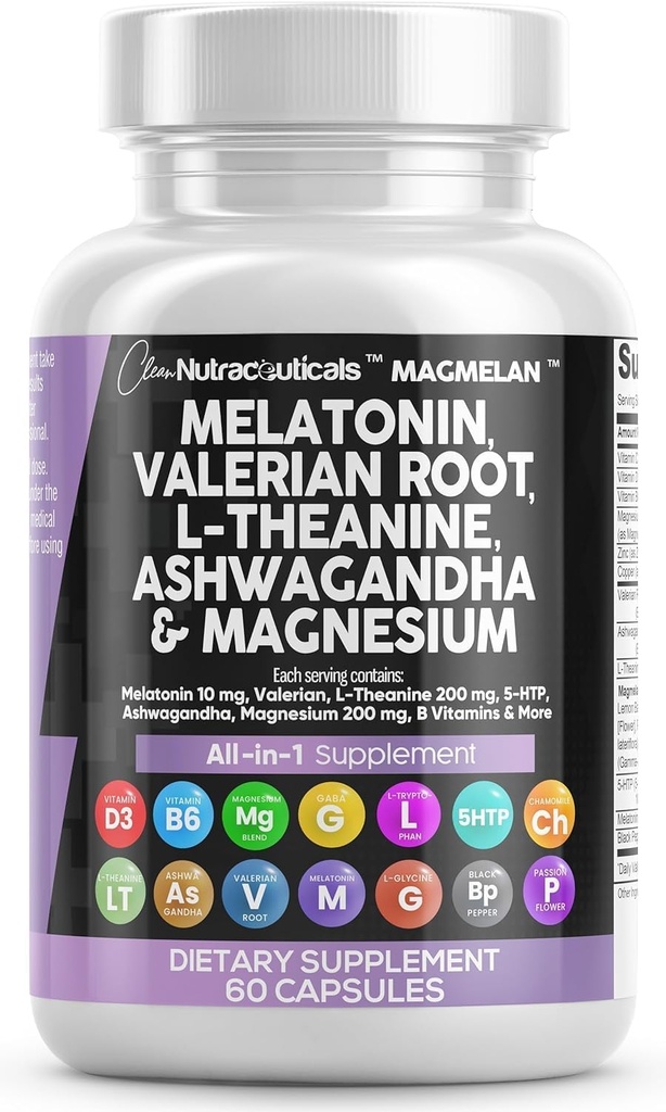 Clean Nutracaments Melatonino 10mg Valerijono šaknies L Theanine 200mg Ashwagandha - Miego palaikymas moterims ir vyrams, sergantiems magnio kompleksu, Lemon Balm, Chamomile, & Passion Flower - 60 Caps