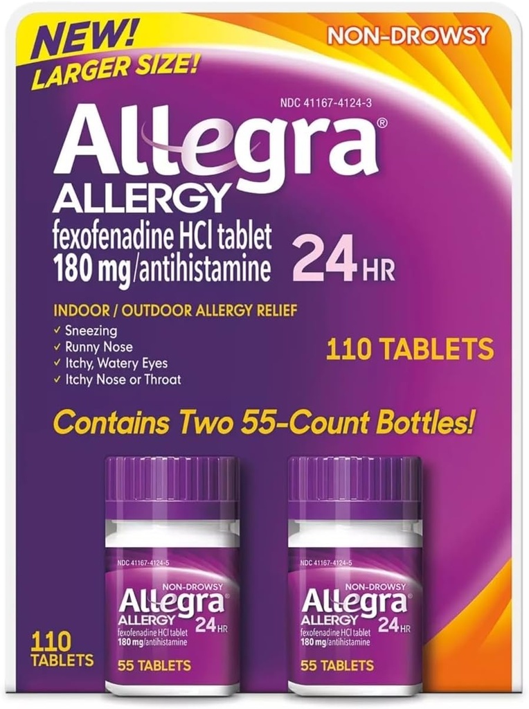 Allegra 24 Valandų vidaus ir lauko alergija Relief 180 mg 55 tabletės, pakuotėje yra 2 (110 vnt.)