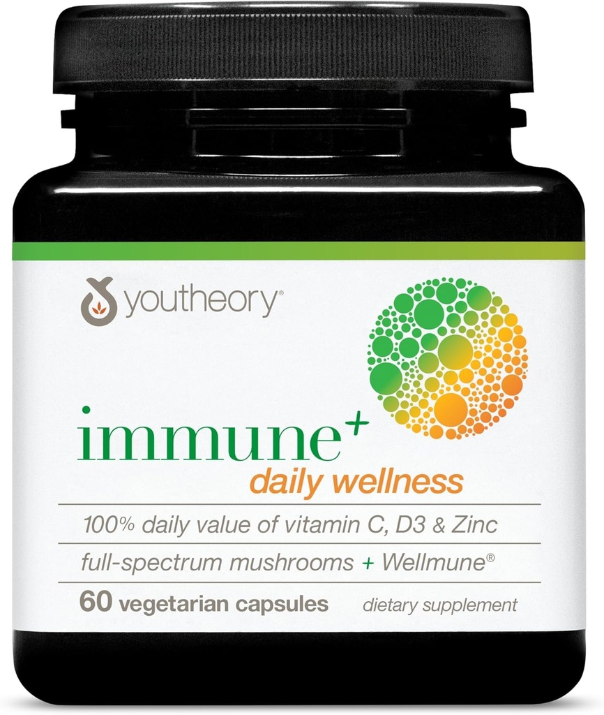 Youtheory Immune+ Daily Wellness - Vegetarian Immune Support Supplement with Vitamin C, Vitamin D3 & Zinc* - Mushroom Supplement with Turkey Tail, Cordyceps & Reishi - 60 Vegetarian Caps