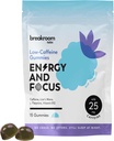 Breakroom Labs Energijos ir Focus Gummies - Low Coffeine 25mg w / L-Theanine, Lions Mane, Vitaminas B12 - Nootropinis smegenų papildas suaugusiems, Vaikams - Vegan, Mažas cukrus, Mėlyna aviečių skonio, 15 Paslaugos