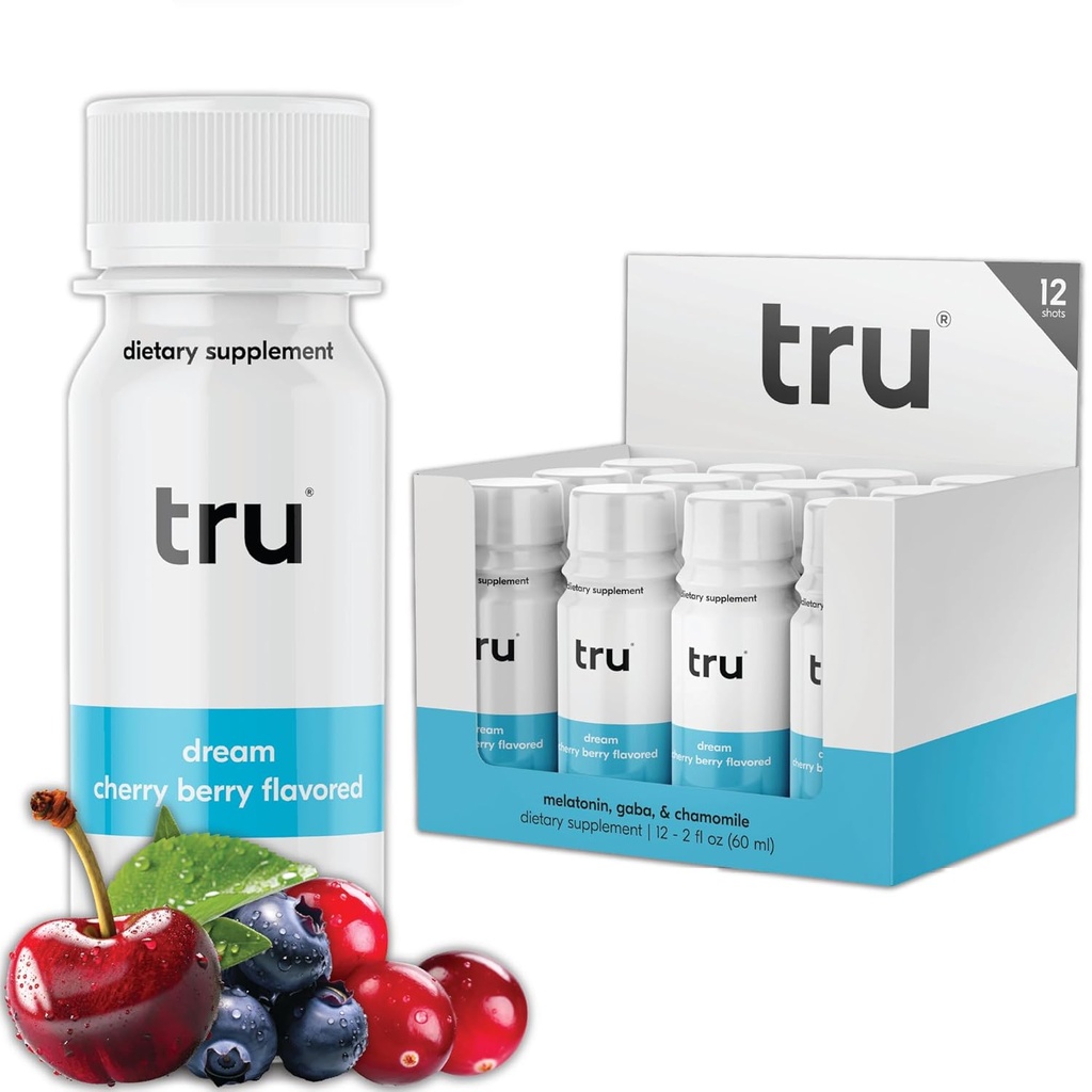 Tru Dream Shot, Extra Strength Sleep Supplement with Melatonin, GABA, Chamomile & Magnesium, Cherry Berry Flavored Wellness Drink, Gluten Free, Vegan, Caffeine & Sugar Free, 2 FL OZ Bottles, 12 Pack