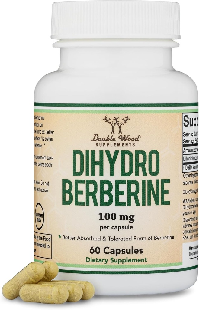Dihidroberberino priedas 100mg, 60 Kapsules (Patentuotas GlucoVantage Super Berberine, Gali būti 5X Efektyvesnis nei Berberine su mažiau šalutinis poveikis) Trečioji šalis išbandytas, Veganas Saugus Double Wood