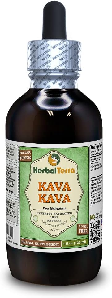 Kava Kava (Piper Methysticum) Glycerite, Dried Root Alcohol-Free Liquid Extract (Brand Name: HerbalTerra, Proudly Made in USA) 4 fl.oz (120 ml)