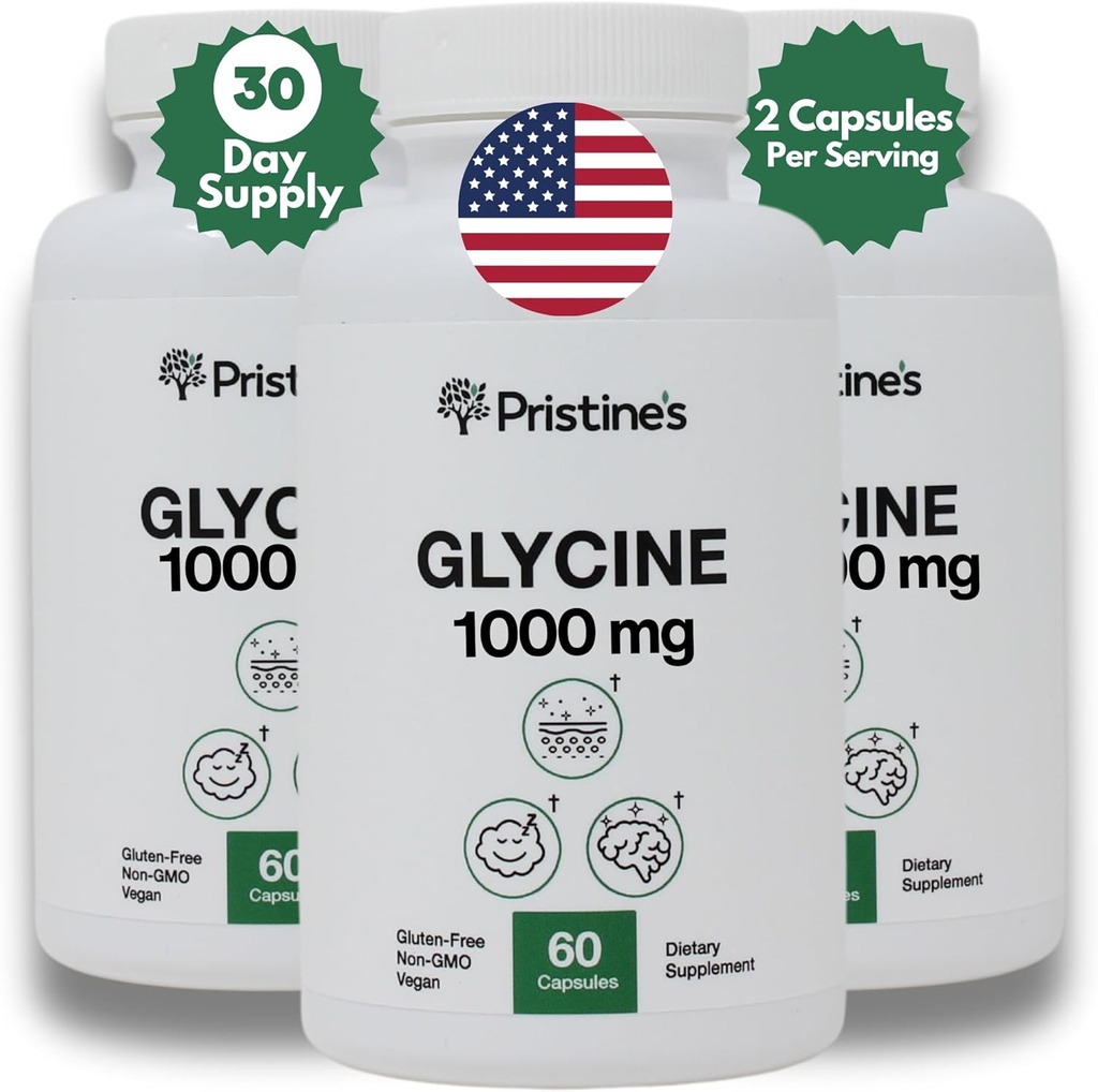 PRISTINE 'S Glycine 1000MG Amino rūgšties papildas miego palaikymo kapsulės (3-pakuotė) - 90 dienos tiekimo - raumenų atkūrimo, inkstų sveikatos ir kolageno formavimo gamybos parama