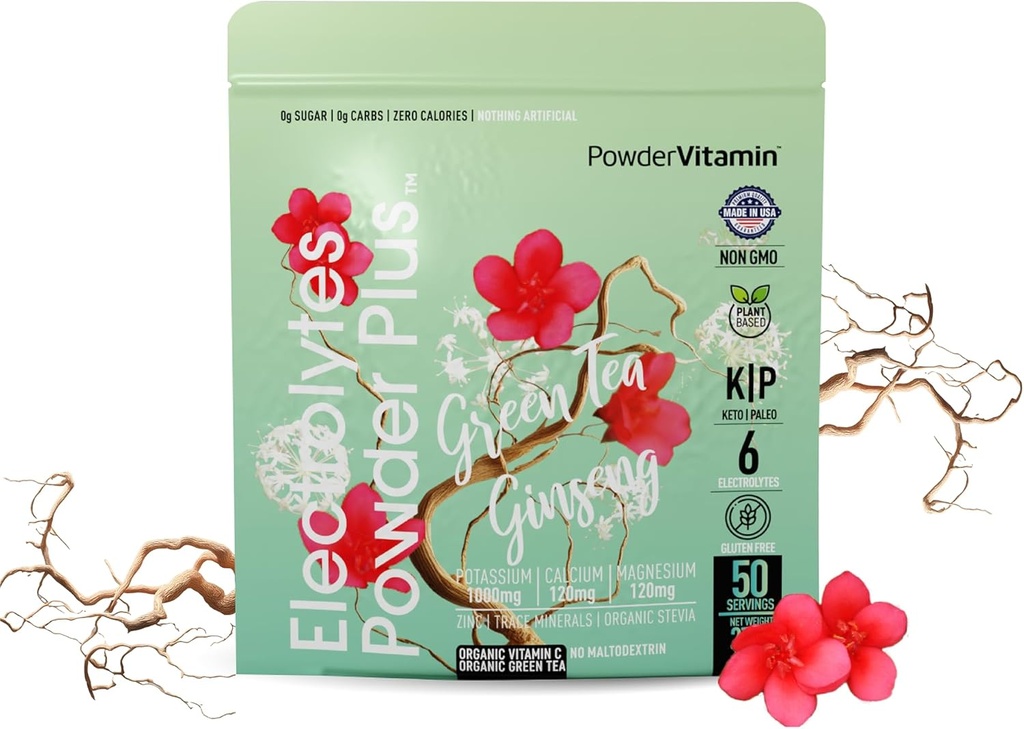 PowderVitaminum Electrolytes Mill Plus (50 Servings) Green Tea Ginseng Electrolyte Mill Keto, Sugar Free, Pink Himalayan Salt, 1000mg Kalis, 120mg Kalcis, 120mg Magnis, Hidracija Milteliai