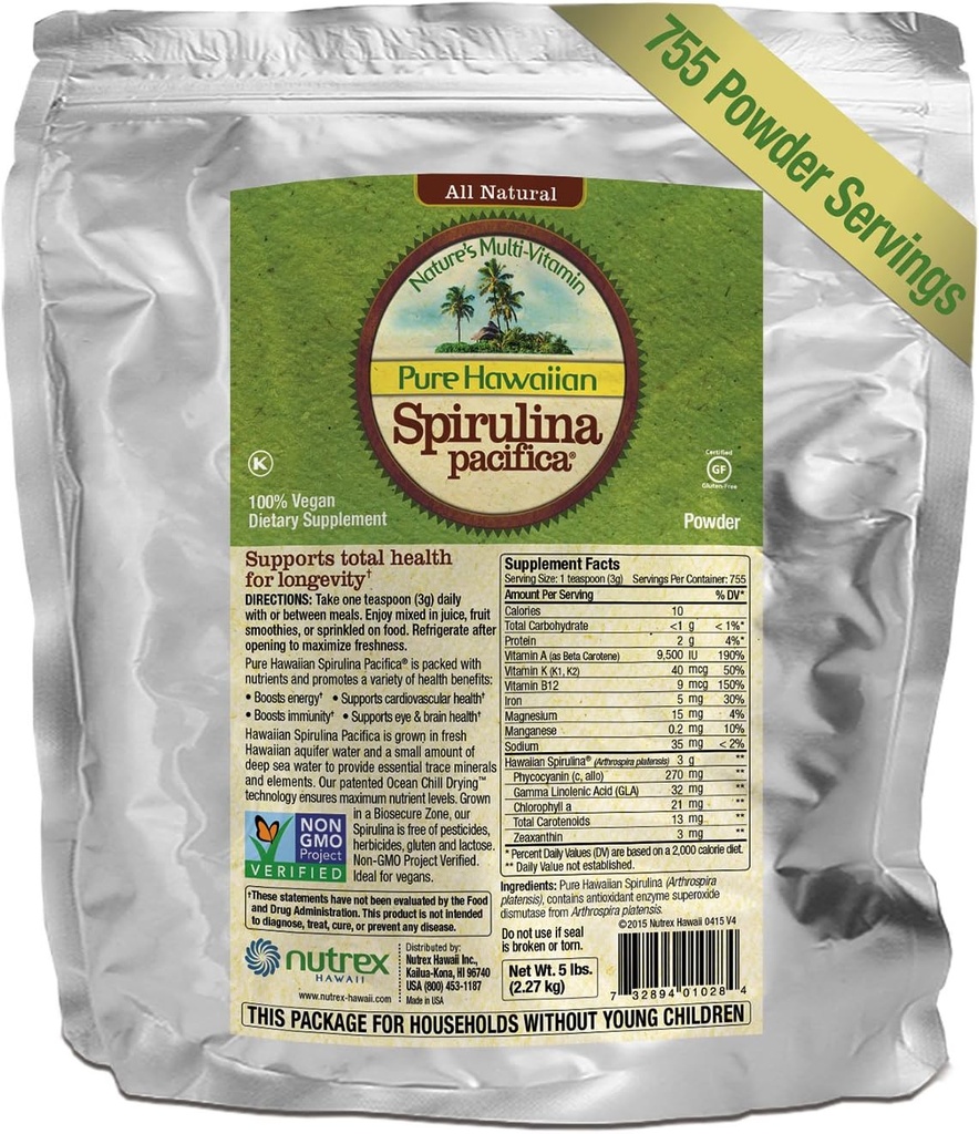 Pure Hawaiian Spirulina Milteliai 5 LB urmu maišas - Didina energijos ir paramos imunitetas - Veganas, Ne GMO - Natūralus maisto užauginti Havajai