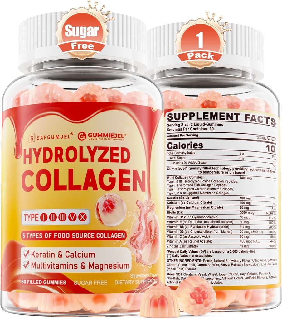 Collagen Peptide Gummies for Women, Sugar Free Multi Collagen Addition, 1400mg hydrolyced Collagen Types I II III V X, 5000mcg Biotin, Vitaminas C A E D3 B6 Plaukų, odos ir nagų, kaulų, 60Cts