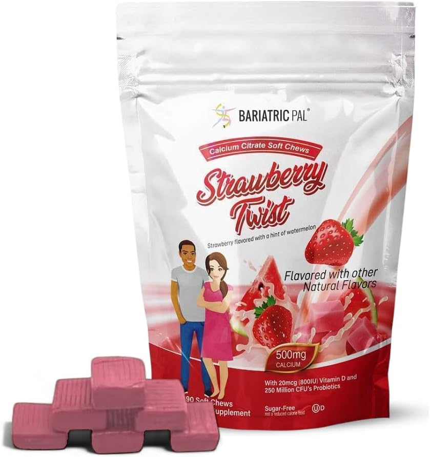 BariatricPal Sugarinis Free Calcitrate Soft Chews ® 124; 500mg su vitaminu D & Probiotikai ® 124; braškių Twist ® 124; 90 Skaičiavimas (1 mėnuo tiekimas)