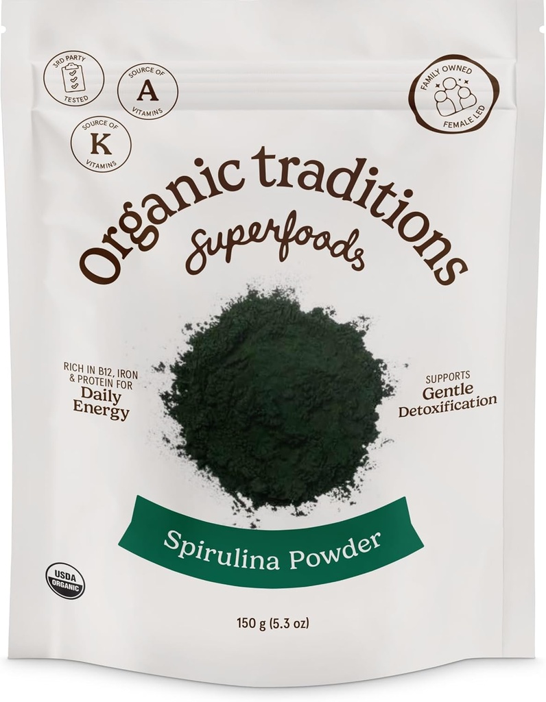 Organiniai Traditions Organic Spirulina Milteliai Vegan Ne GMO Superfood, 5.3oz (150g) Bag, 50 Patarnos per Bag