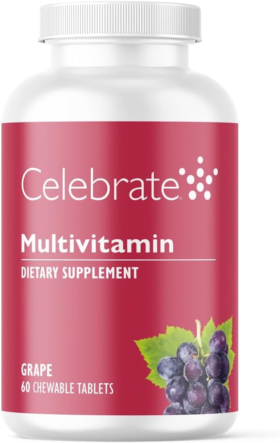Celebrate Vitaminai Bariatic Multivitaminų Chewable, Iron Free - Post Gastric Bypass & Sleeve Gastrectomy Priedas vyrams ir moterims - Eteriniai mineralai ir vitaminas A, B, D & E - Vynuogės (60 tablečių)