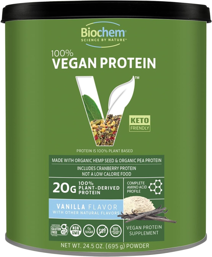 Biochem Vegan baltymo milteliai, 20g Pure Plant-based proteinas vienam serving, Organic Pea, Hemp & Cranberry, Soy- Free, Gluten- Free, Vanilla, 1,5 lb