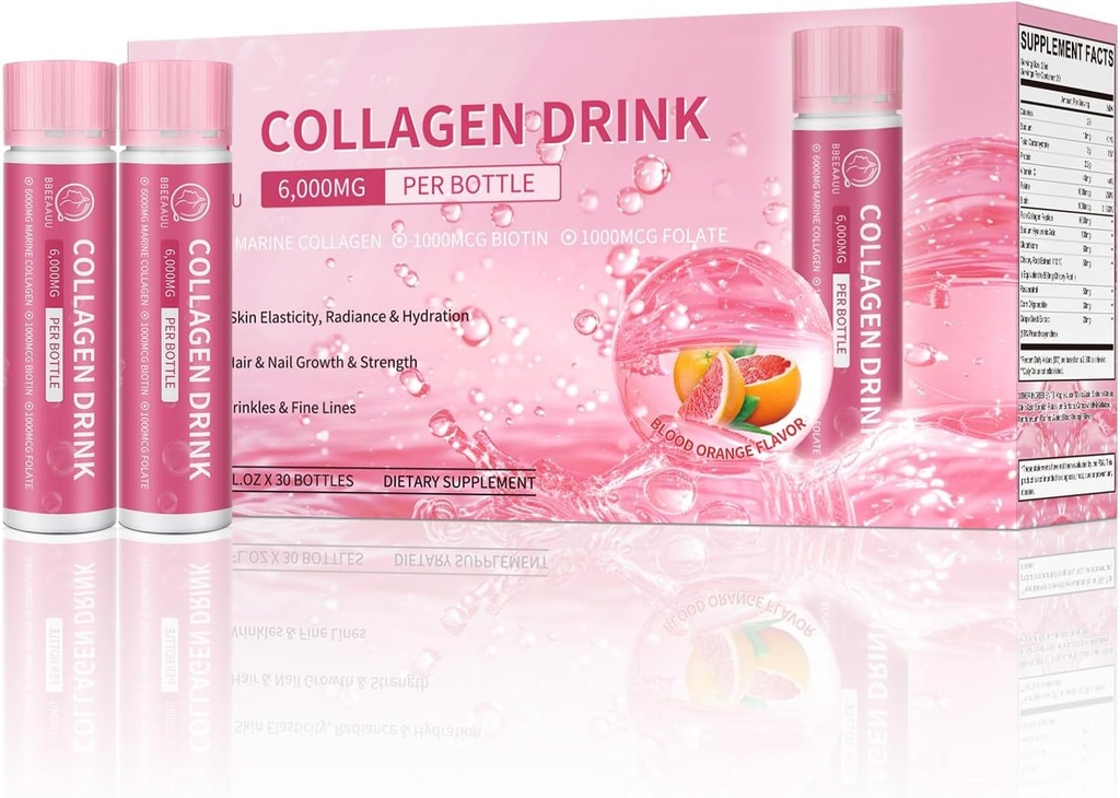 Collagen Drink with 6000 mg Marine Collagen Peptides, Liquid Collagen Shots for Women Support Beauty, Collagen Supplements for Skin, Plaukų ir nagų sveikata, 0,85 Fl.Oz (25 ml) x30 Buteliai, Kraujo apelsinų