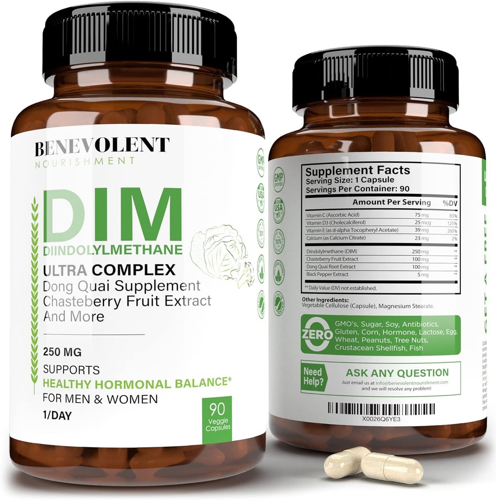 Benevolent Maitinimas Maksimalus stiprumas DIM priedas 250mg - 90 Vcaps Diindolylmethyl Ultra Complex Plus Chasteberry, Dong Quai Extract + More
