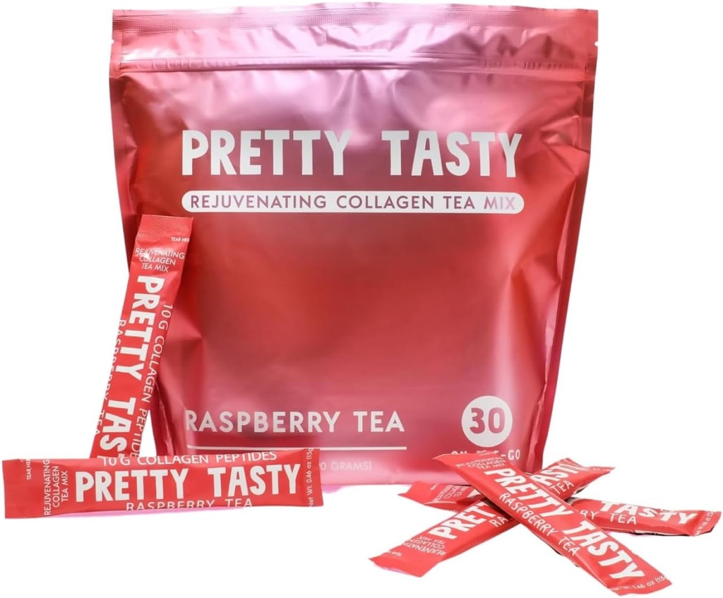 Pretty Tasty Raspberry Radiance Collagen Tea - Stick Pack Pouch, Sun-Kissed Raspberry Blend, Beauty and Wellness, 10g Collagen Peptides Mix, 30 Count