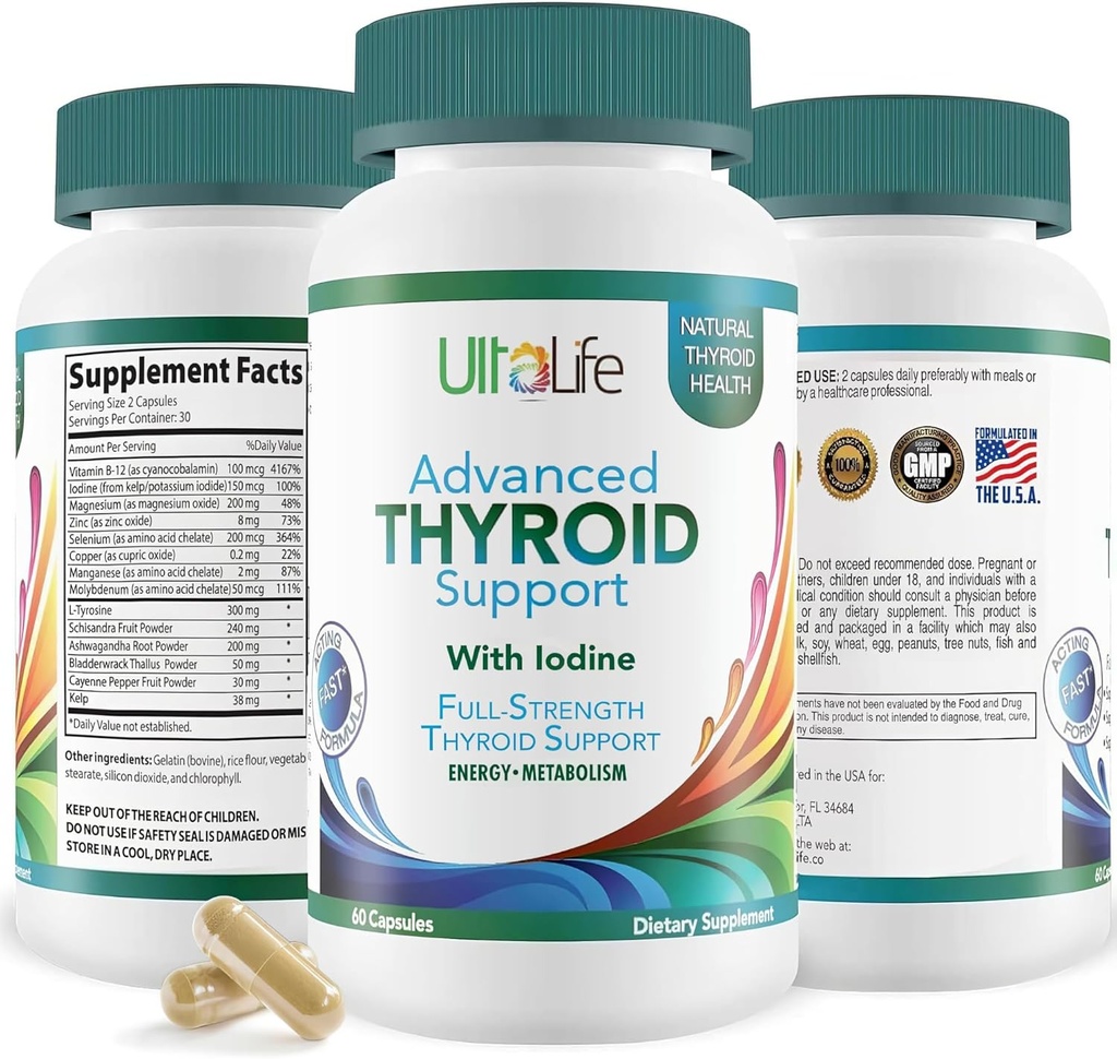 Daily Thyroid Boost Advanced Formula with Iodine Ashwagandha Vitamin B12 Zinc and Selenium for Energy Metabolism and Focus 60 Capsules