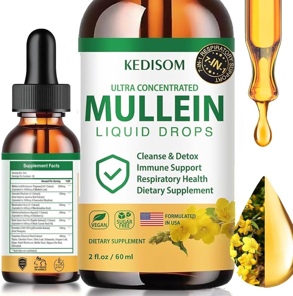 7 in 1 Mullein Drops for Lungs 2 Fl Oz - Organic Mullein Leaf Extract Supplement - Lung & Bronchial Cleanse for Smokers - Respiratory Health Support