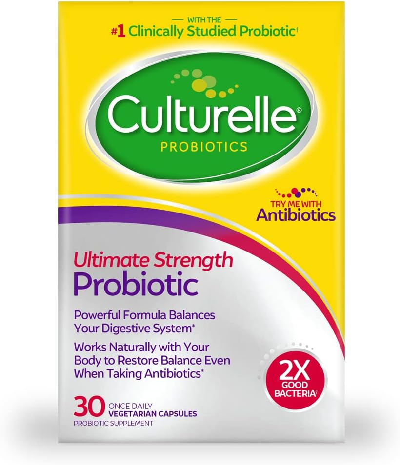 Culturelle Ultimate stiprumo probiotikas vyrams ir moterims, Labiausiai kliniškai studijavo probiotinis padermė, 20 Billion CFU, Palaiko kartais Diarraja, Dujos & Bloating, Non- GMO, 30 Skaičiavimas