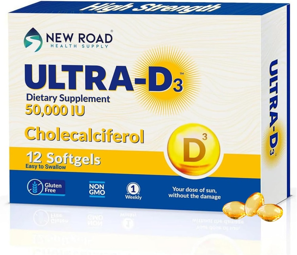 New Road Health Supply, High-Potency Vitamin D3 50,000 IU, Once-Weekly Softgel, Supports Bone, Teeth & Immune Health, Easy-to-Swallow, Gluten-Free, 12 Count