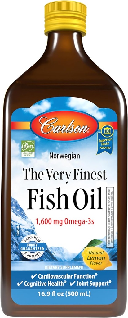 Carlson - Labai puikus žuvų aliejus, 1600 mg Omega- 3s, Skystas priedas, Norvegijos, Wild- Caught, Nuolat Sourced, Lemon, 16.9 Fl Oz