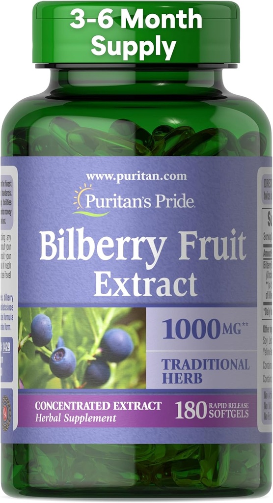 Puritan 's Pride Premium Bilberry vaisių ekstraktas 250 mg (1000mg ekvivalentas), 4: 1 Koncentruotas žolinis papildas, vitaminas C, nuo 3 iki 6 mėnesių Pasiūla, 180 Greitas spaudai Softgels (Packaging May Vary)