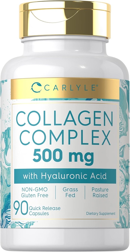 Carlyle Collagen pylimai su 500 mg hialurono rūgšties, 124; 90 kapsulių, 124; hidrolizuotas kolageno papildas, 124; ne GMO, Gluten nemokamai