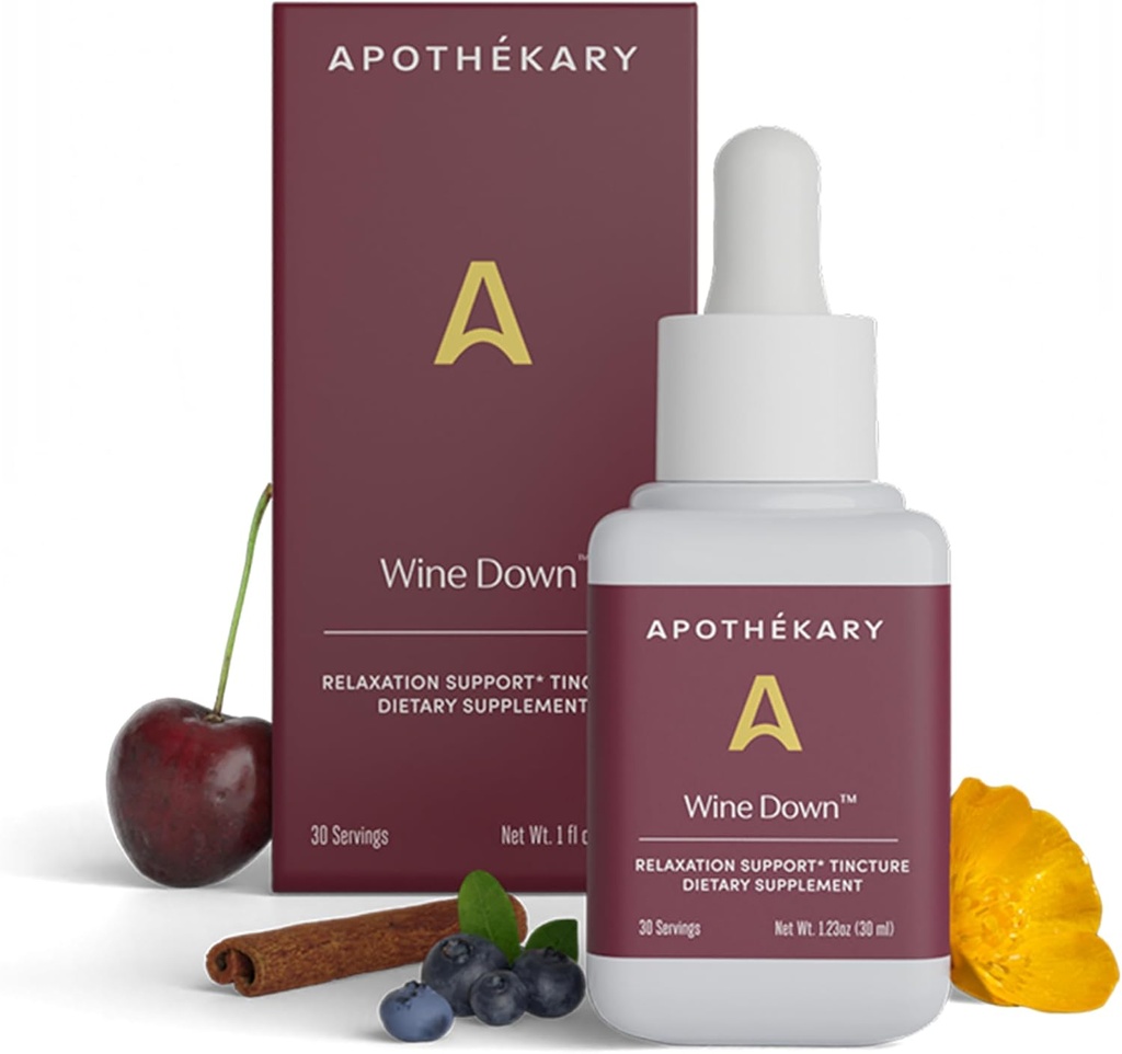 Apothékary Wine down, Natural Miego ir atsipalaidavimo parama, Alkoholio nemokamai raudona Wine- Inspired Žolinių skystų lašai, Sudaro Blue Vervaine, Tart Cherry, ir Kalifornijos Poppy, 1 oz, 30 Paslaugos