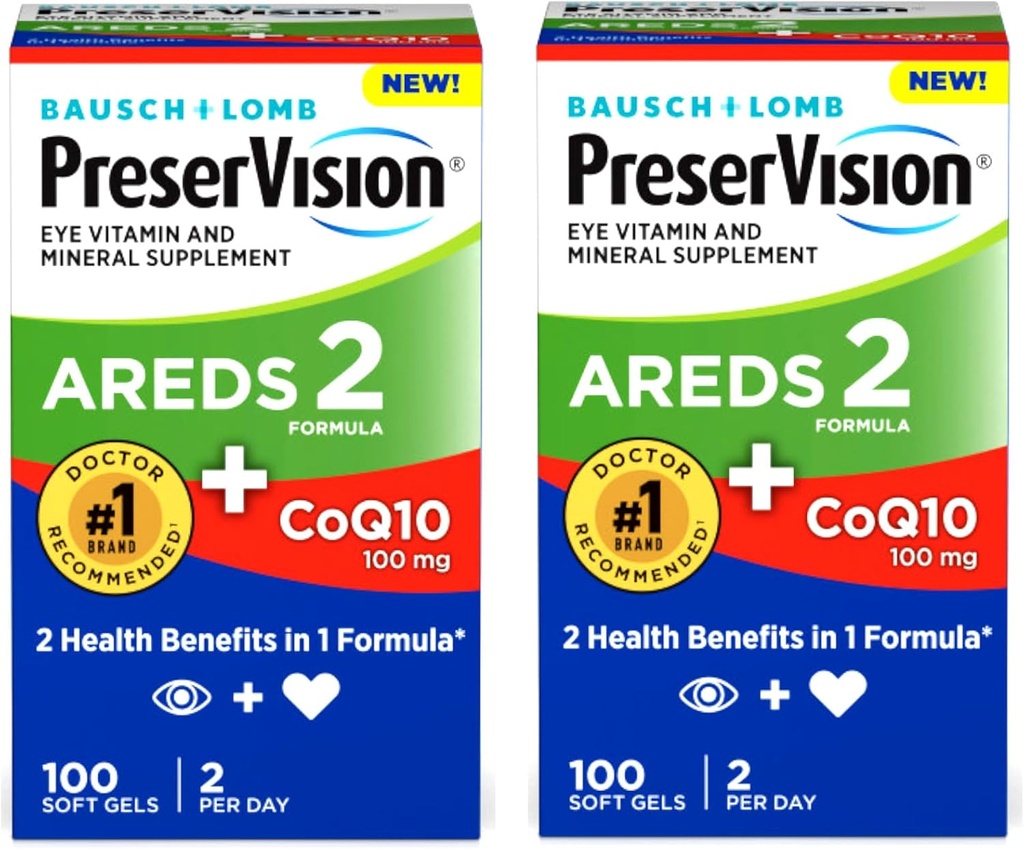AtsarVision Eye Vitamines & Mineral Additional AREDS 2 Formulės + CoQ10, 2-in-1 Health Benefits, 100 Softgels (2 per dieną) Pakuotėje iš 2