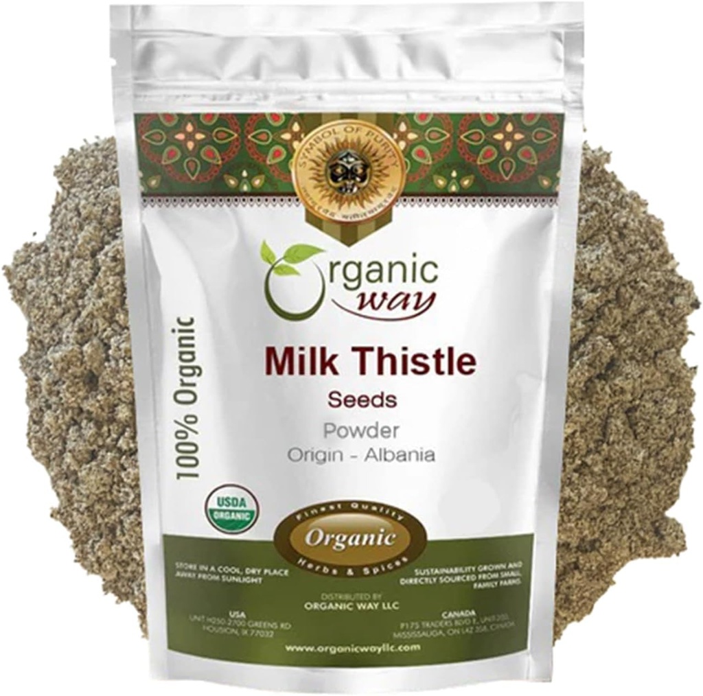 Organic Way Milk Thistle Seeds Mill (Silybum Marianum) - Žolinių arbatžolių vetera 124; European Wild- Harvest, 124; Organic & Kosher Certified, 124; Non GMO & Gluten Free, 124; USDA Certified, 124; Kilmė - Albanija 2 Oz (Pack of 1)