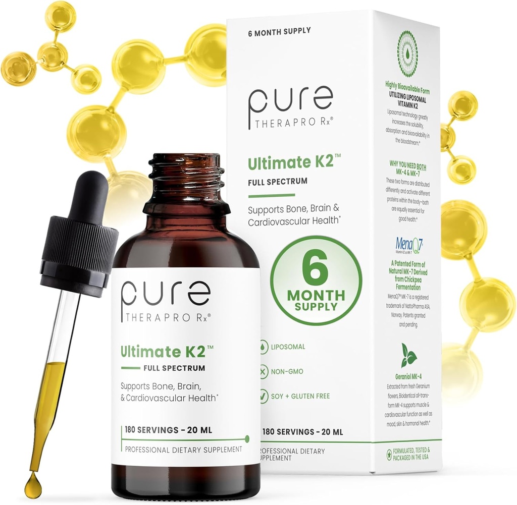 Pure Therapro Rx Ultimate K2 supplementary 124; Skystas liposominis vitaminas K2 lašinasi 124; 180 Tarnauja ® 124; 600mcg Vegan K2 kaip MK4 & MenaQ7 MK7 124; Palaiko kaulų sveikatą, širdies sveikatą, odą ir plaukus 124; 20 ml