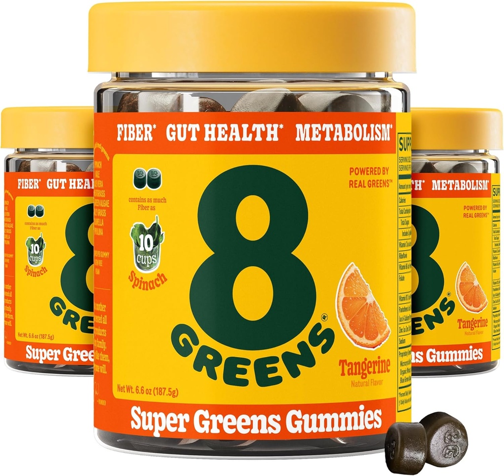 8 Žalieji Daily Fiber Super Žalieji Gummies - Tangerino skonio: Boost Immune System & Digestive Health su 8 Real Greens - Non GMO Formulės, Chewables, 50 Gummies, Pack of 3