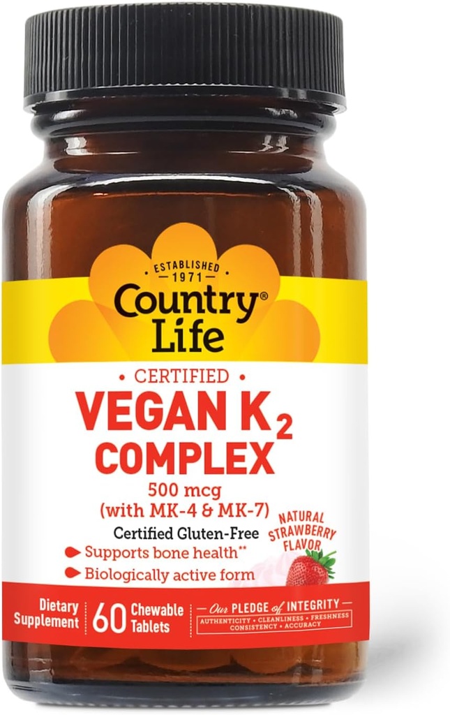 Country Life ® Vegan K2-500 mcg, 60 Ct. Braškių skonio - Sertifikuotas Gluten Free - Sertifikuotas Vegan AVA - remti kaulų sveikatą