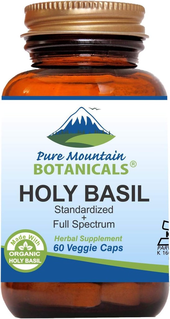 Pure Mountain Botanicals Šventojo baziliko kapsulės - Kosher Vegan Caps su 450mg Organic Šventojo Baziliko Tulsi ir Šventojo Baziliko ekstraktas iš Indijos