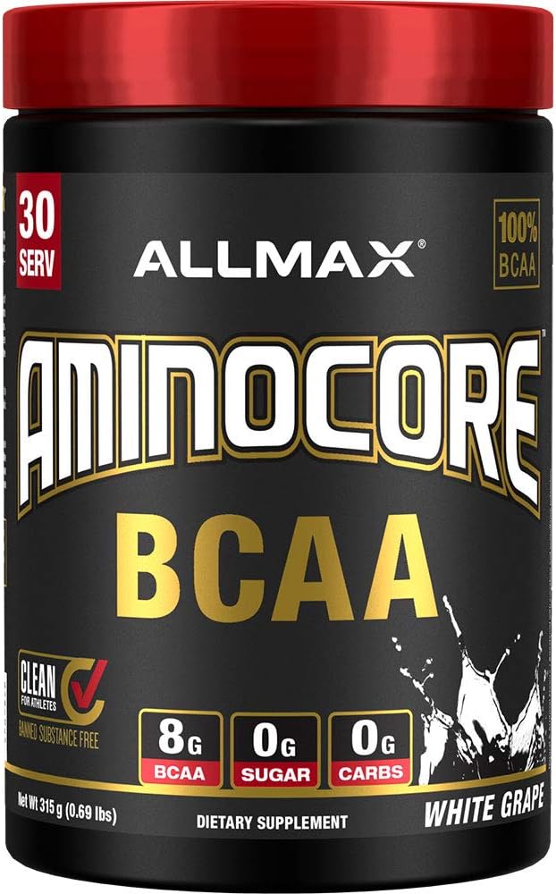 ALLMAX Nutrition AMINOCORE BCAA milteliai, 8.18 Gramas amino rūgščių, intra ir postWorkout atkūrimo gėrimai, Gluten Free, Balta vynuogių, 315 g